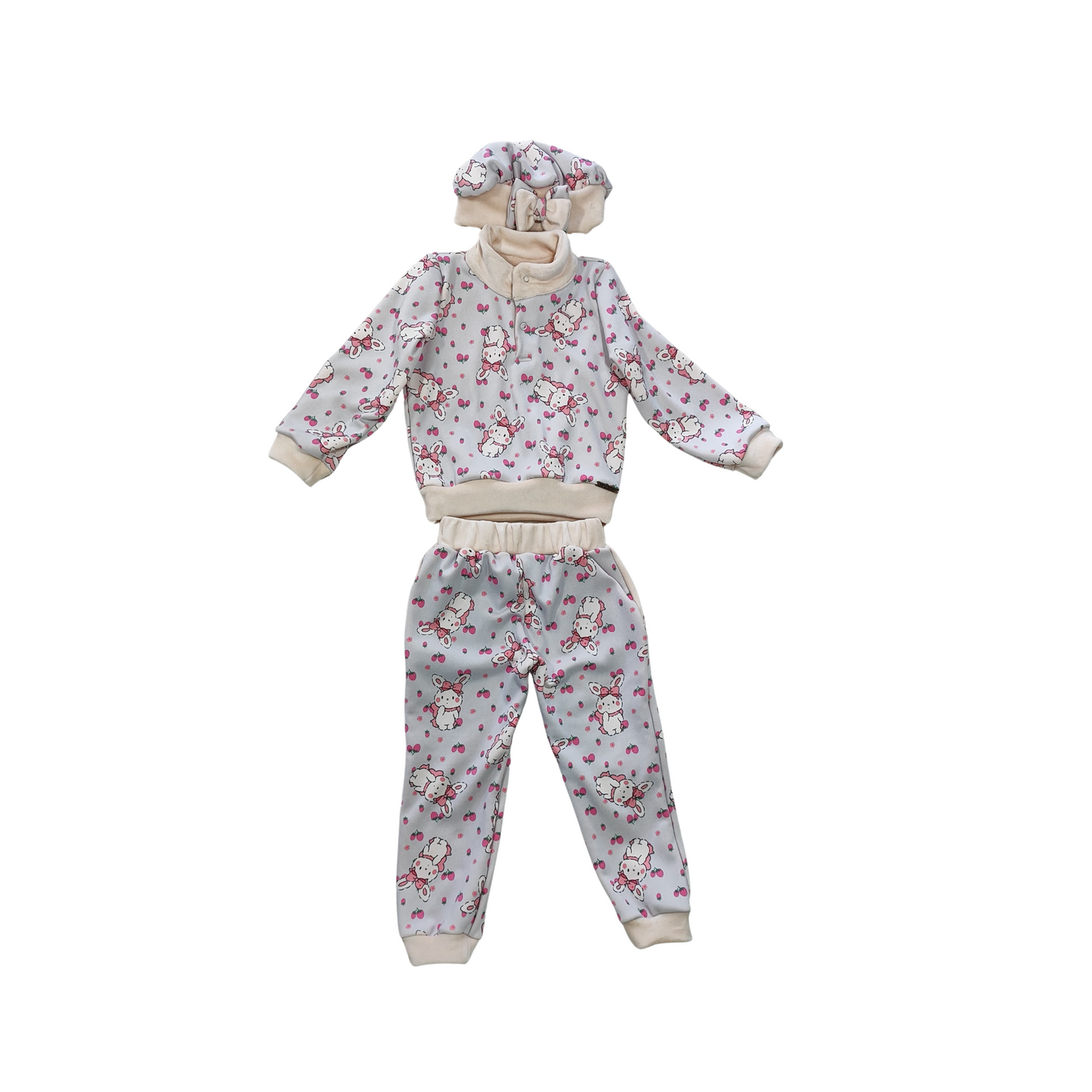 Conjunto Moletón Estampado con Conejitos – Pantalón + Toca con Lazo Soft Beige