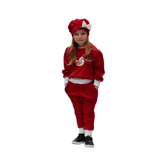 Conjunto Moletón Rojo Estampado con Conejitos – Pantalón + Toca con Lazo Soft Beige