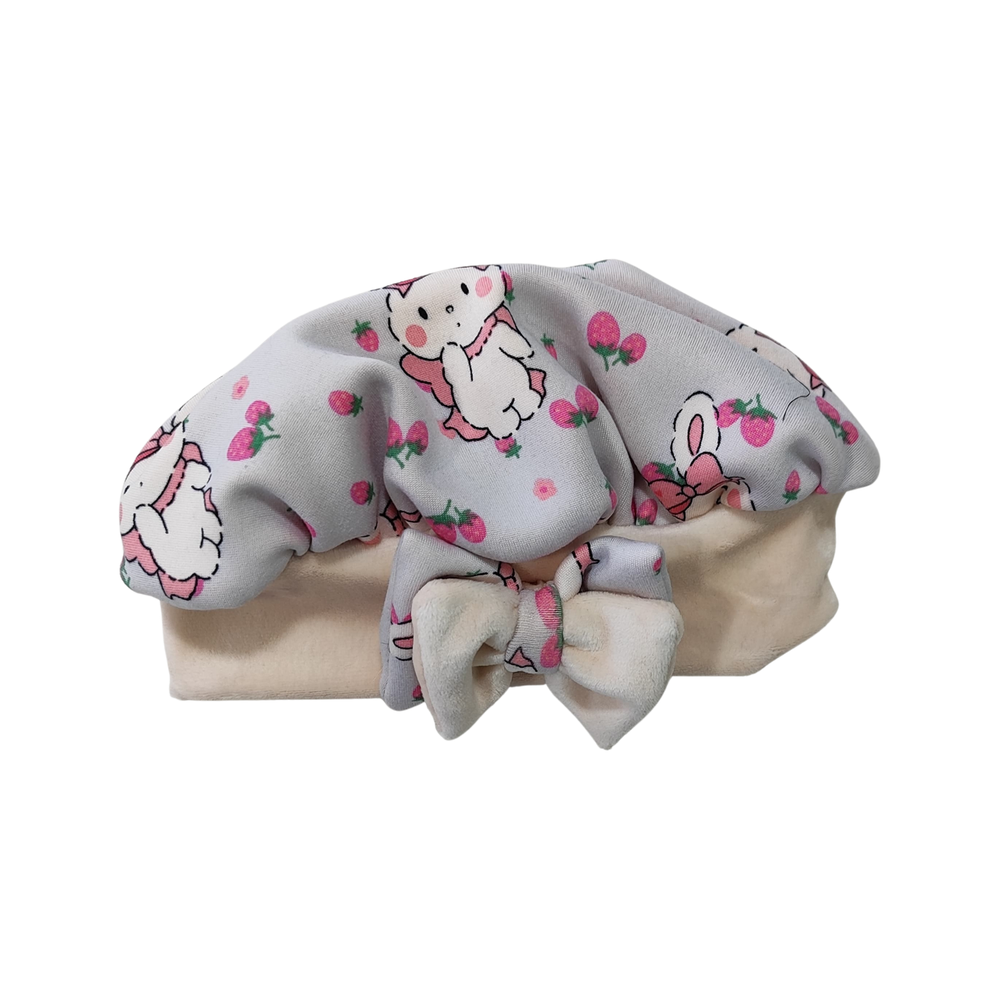 Conjunto Moletón Estampado con Conejitos – Pantalón + Toca con Lazo Soft Beige