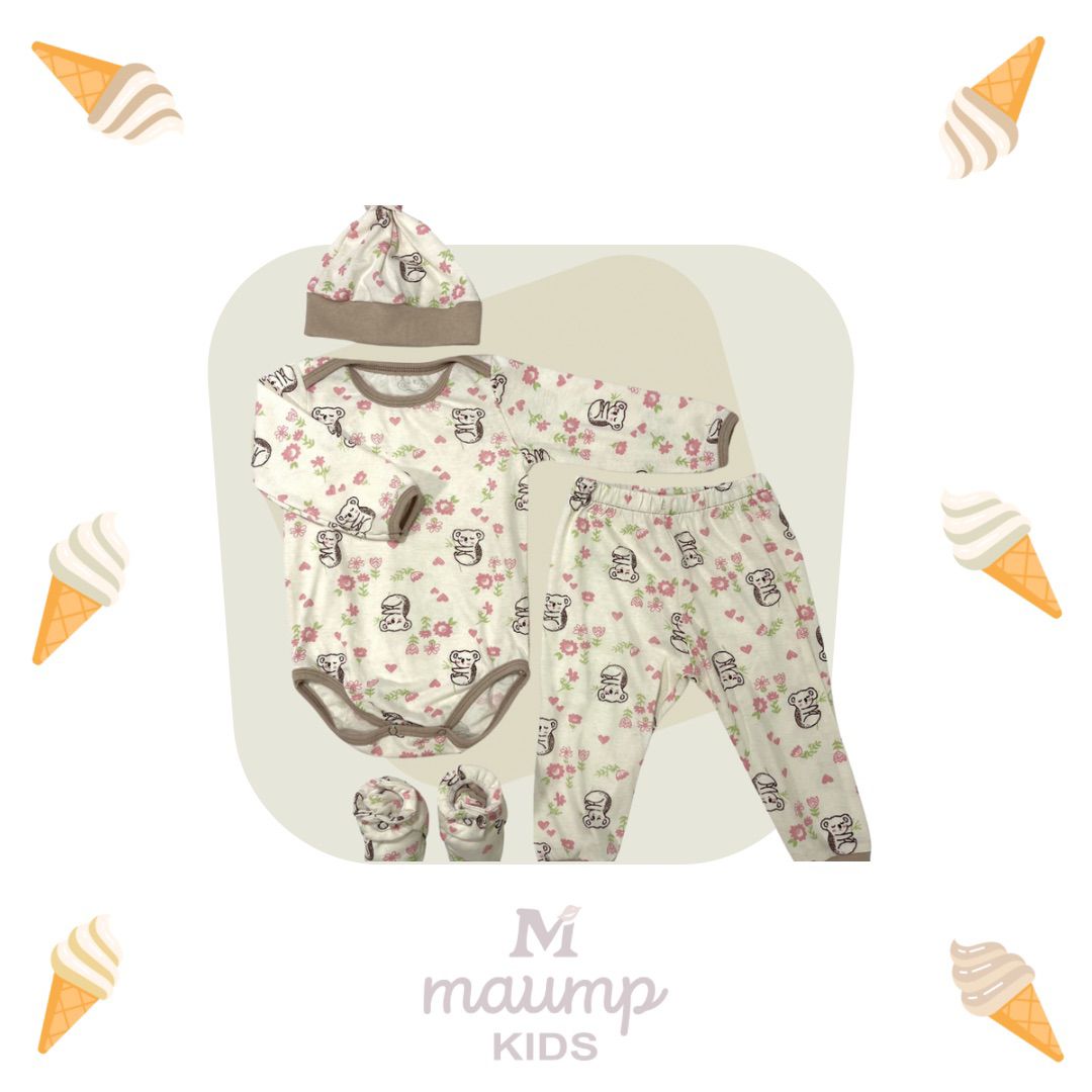 Kit 4 Piezas – Body, Pantalón, Gorro y Zapatitos de Algodón