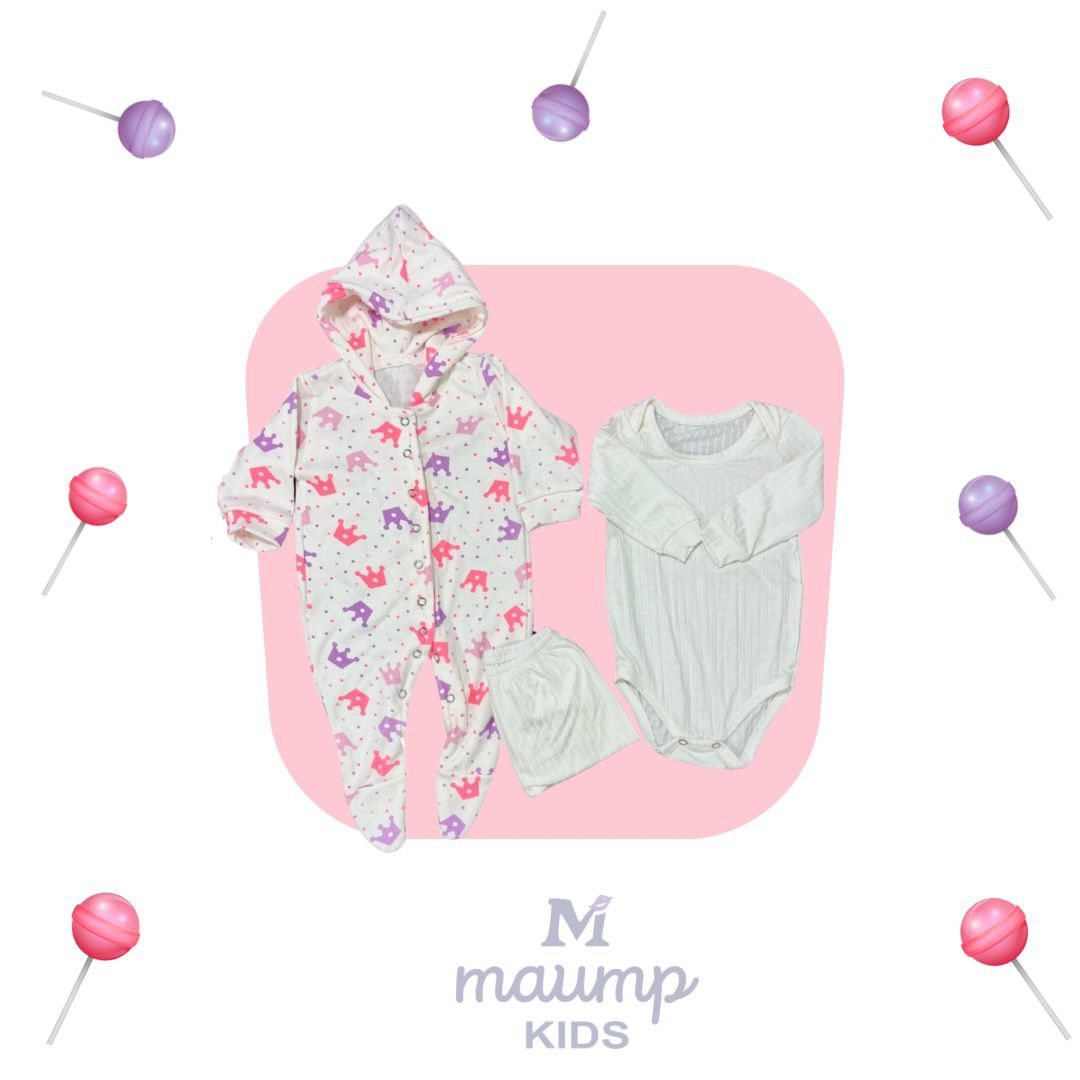 Kit de 3 Piezas – Enterito con gorro, body y pantalón