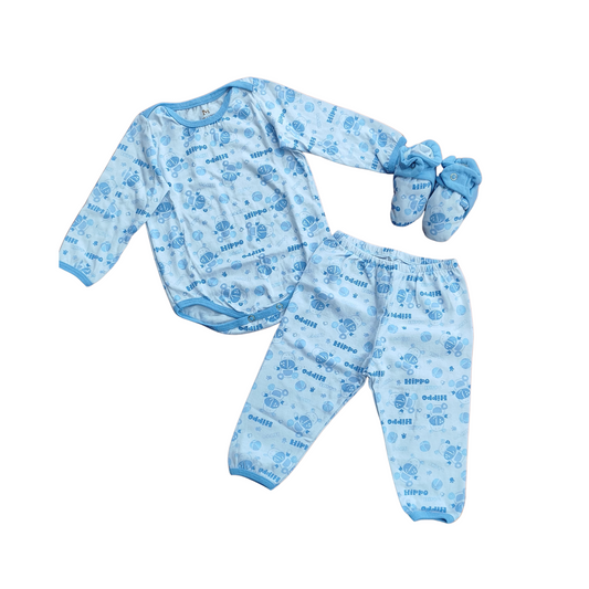 Conjunto 3 Piezas para Bebé – Body de Manga Larga + Pantalón + Zapatico de Tela con Estampa de Hipopótamos