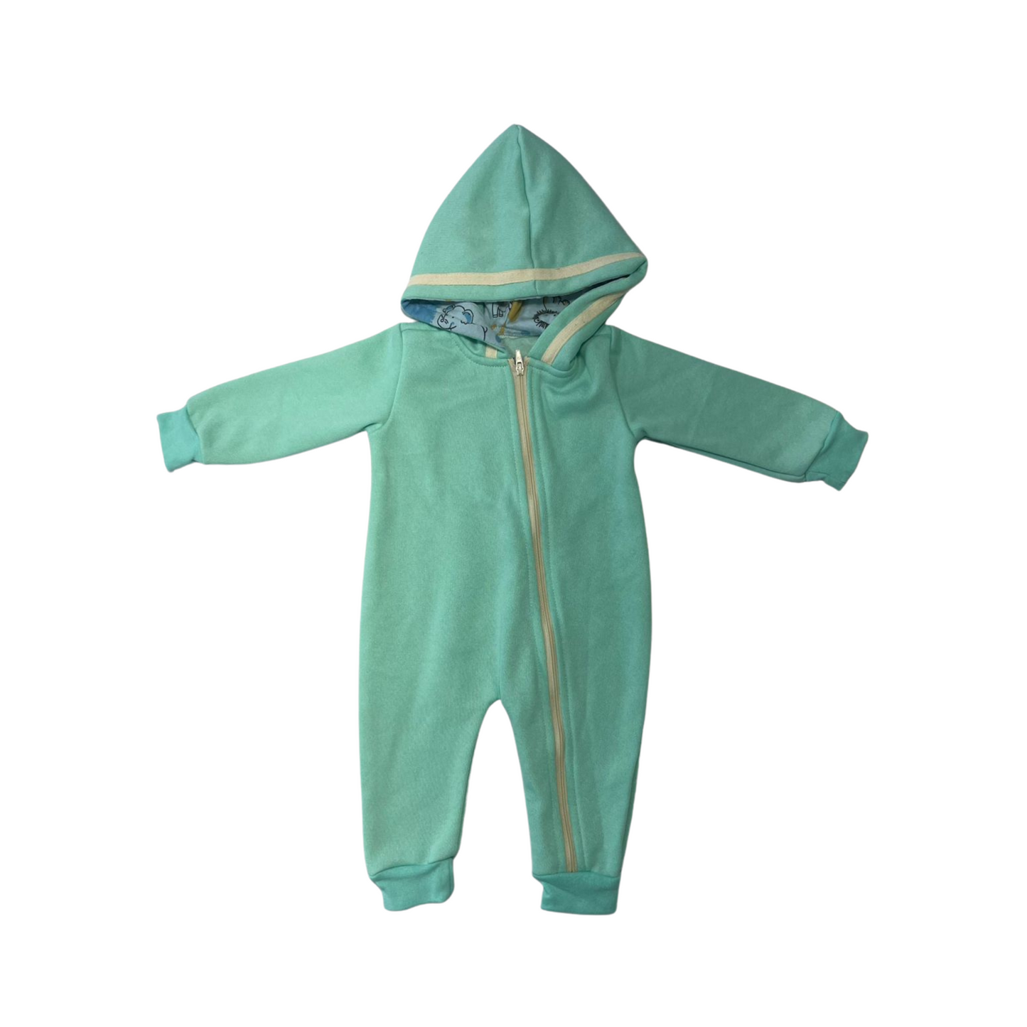 Enterito de Ribana Verde Bebé con Detalles Crudos y Capucha Forrada